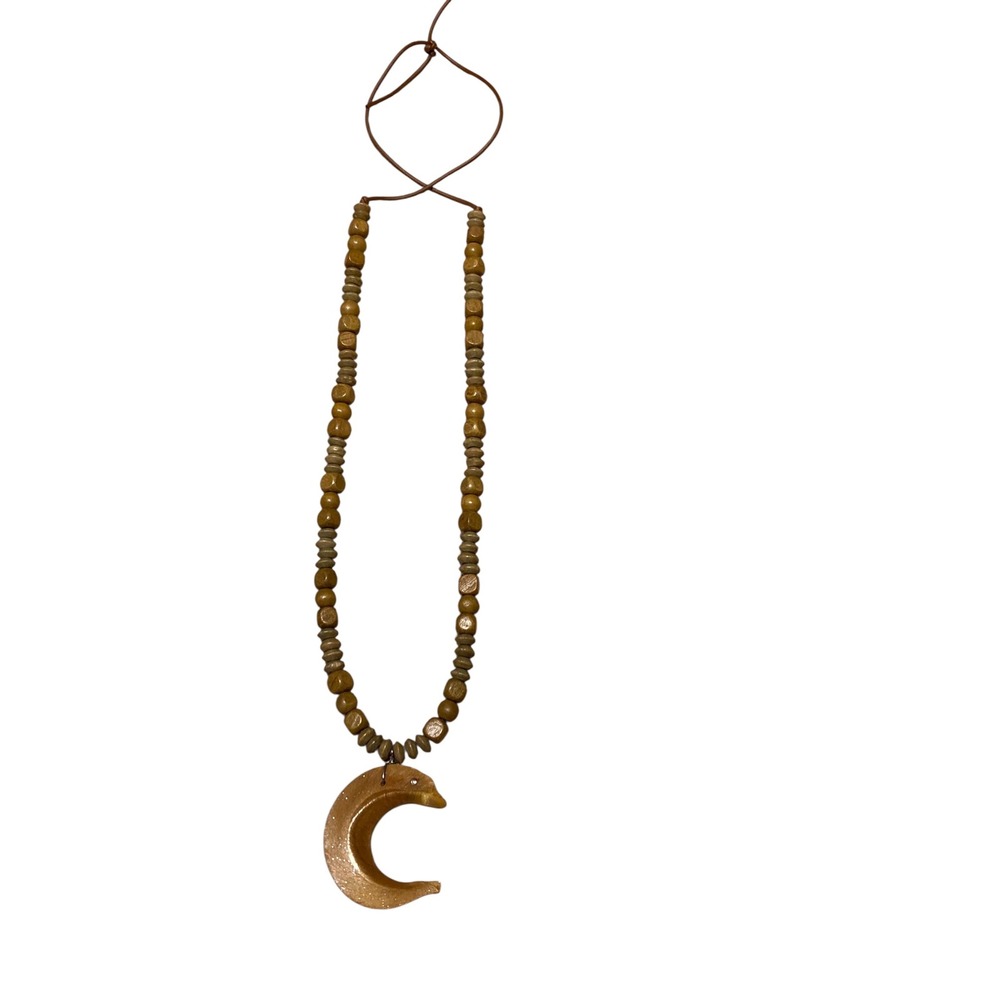 Brown Wood Bead Dolphin Moon Pendant Necklace Boho Beach Jewelry